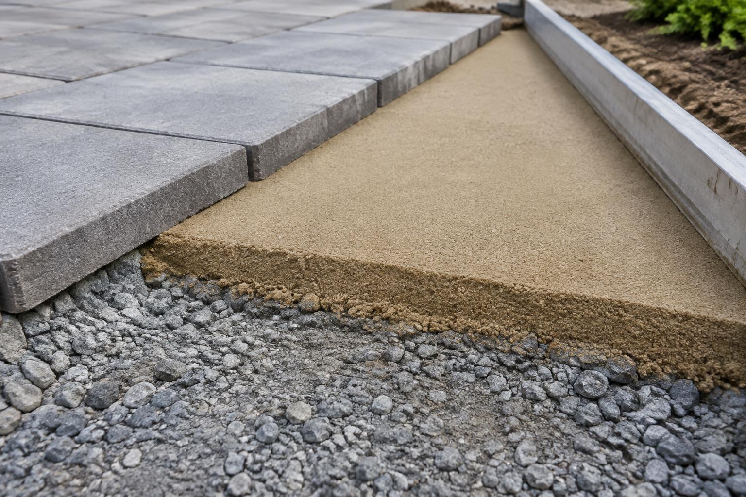 Paver Bedding Sand illustration Gray pavers above screeded bedding sand and an exposed aggregate base