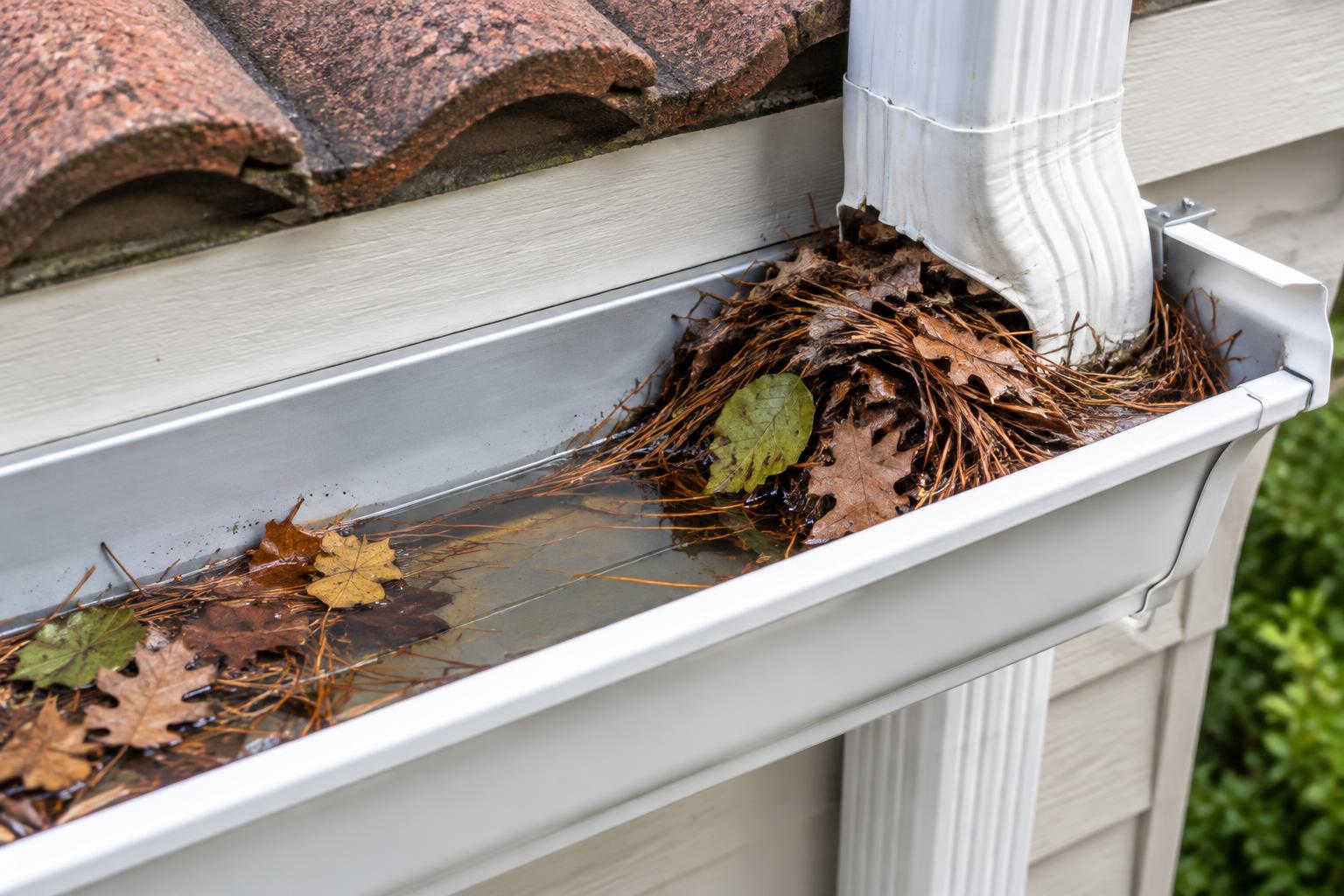 Gutter Clog illustration Leaves and pine needles accumulated in an open roof gutter