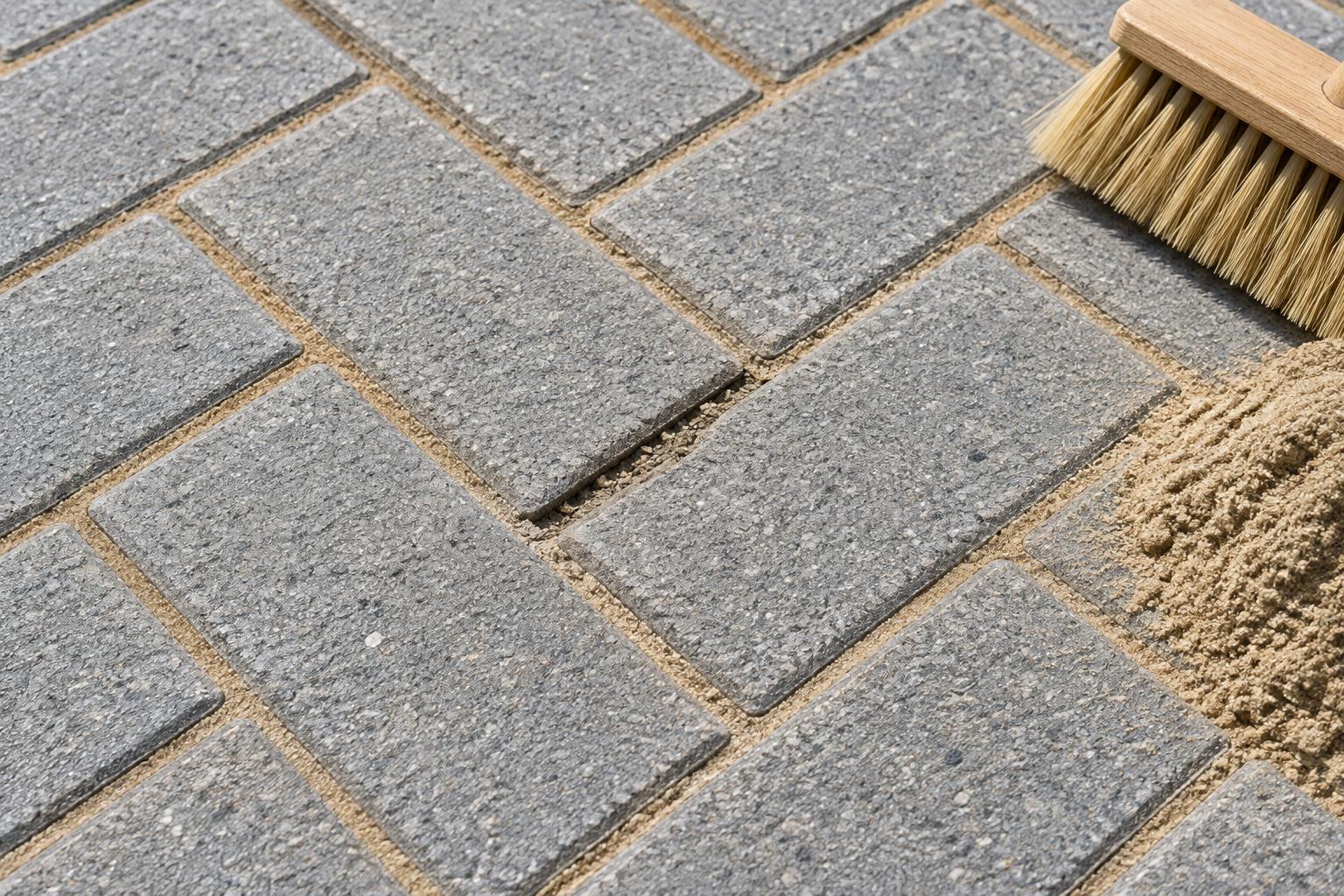 Paver Joint Weeds illustration Concrete paver joints with sand and a brush beside a partially depleted joint