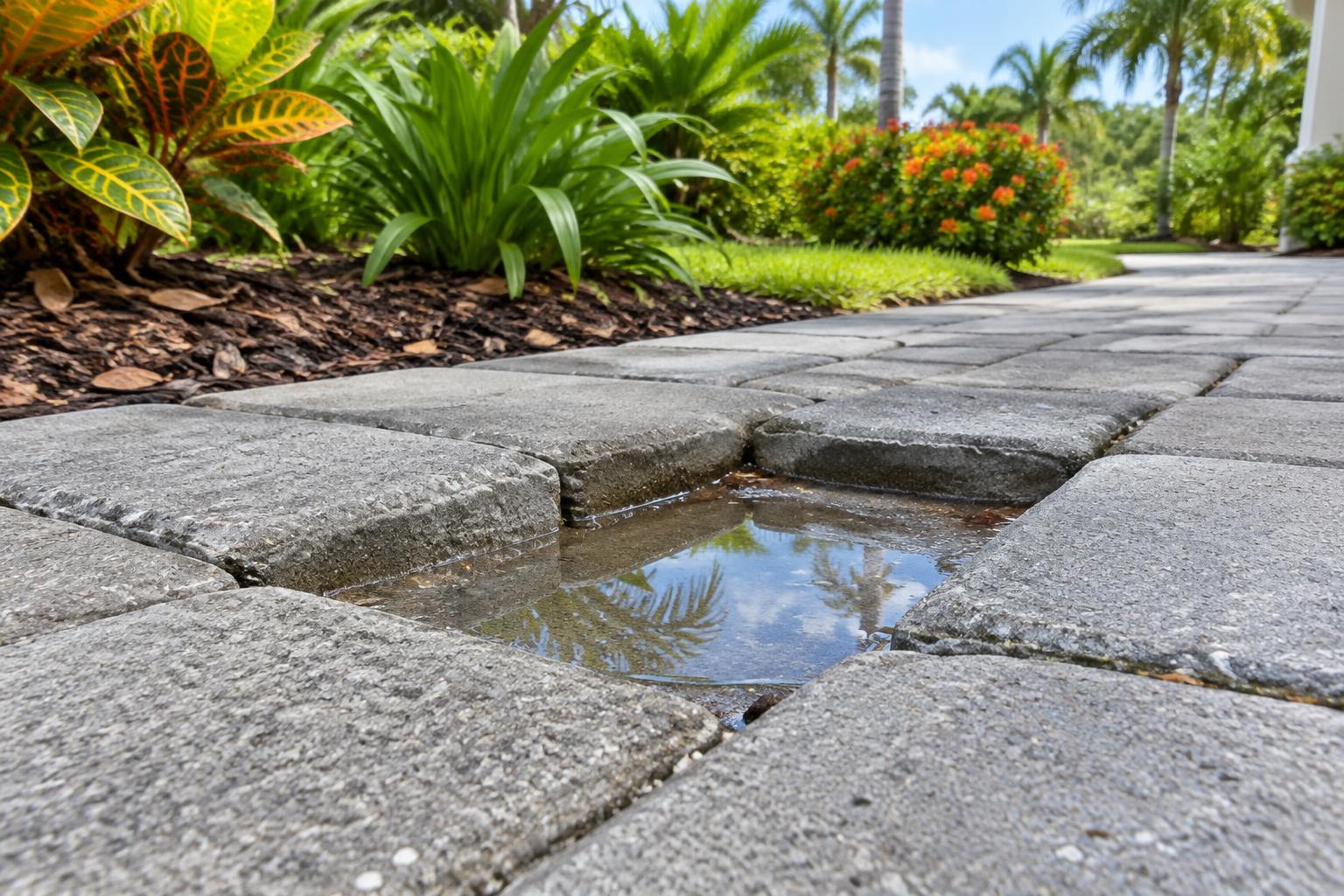 Paver Settlement illustration Uneven gray walkway pavers around a shallow water-holding depression