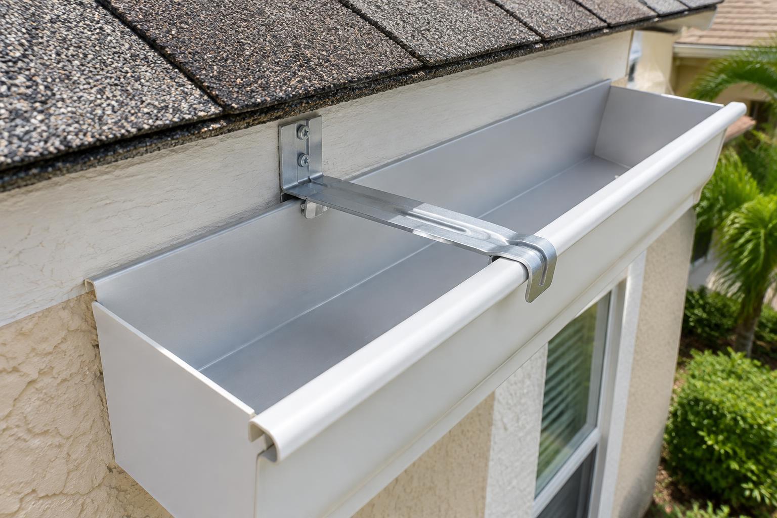 Gutter Hanger illustration Metal hanger supporting an open aluminum gutter from the fascia