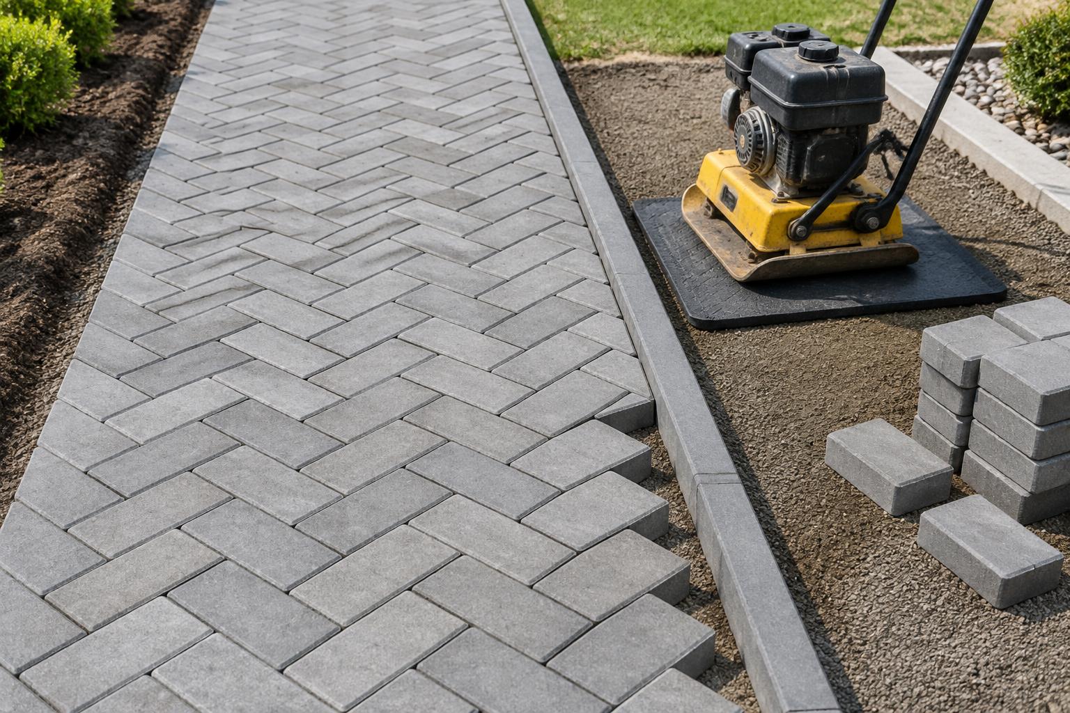 Paver Compaction illustration Herringbone paver walkway and a parked plate compactor with a protective mat