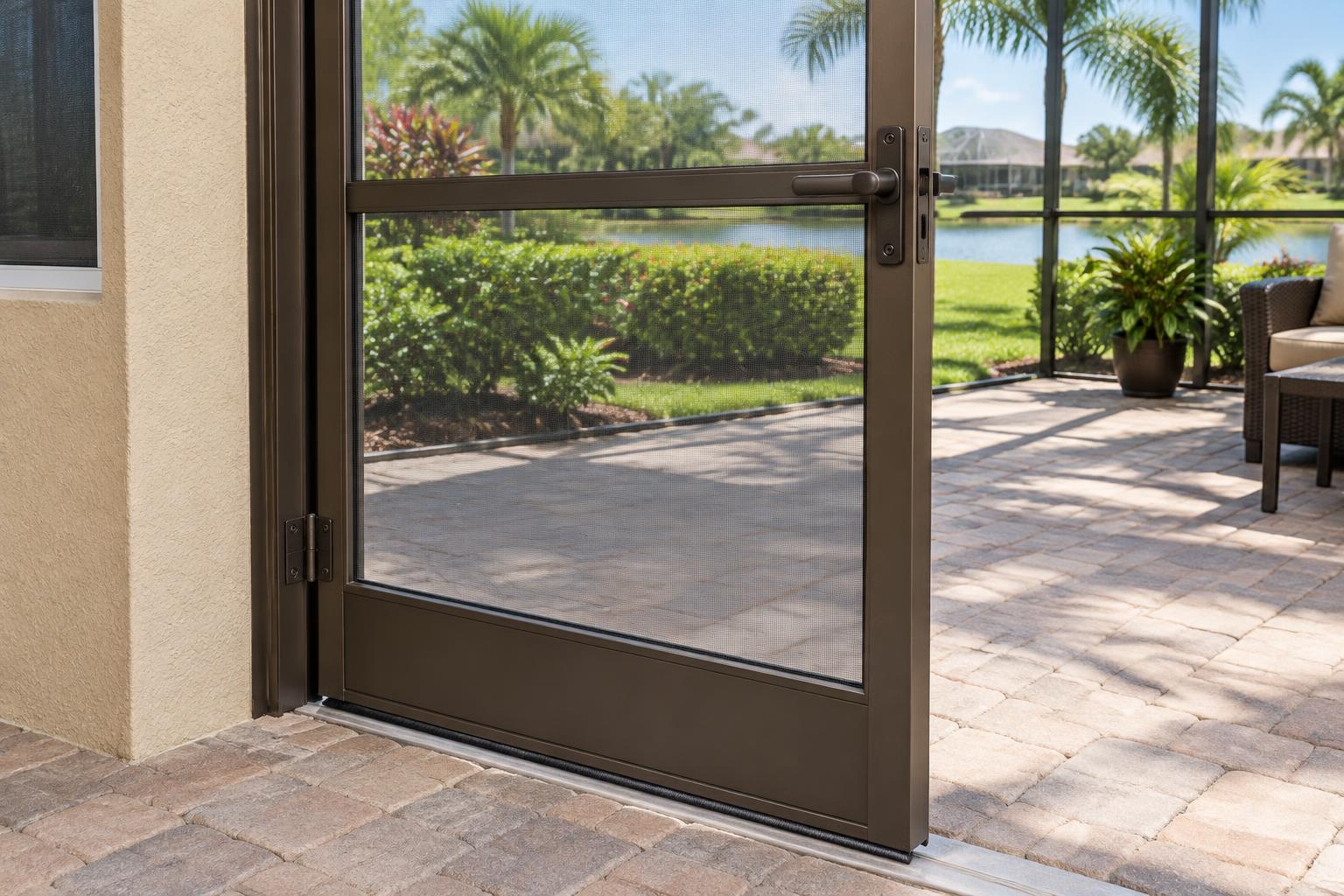 Bronze lanai screen door showing a hinge, latch and lower door edge