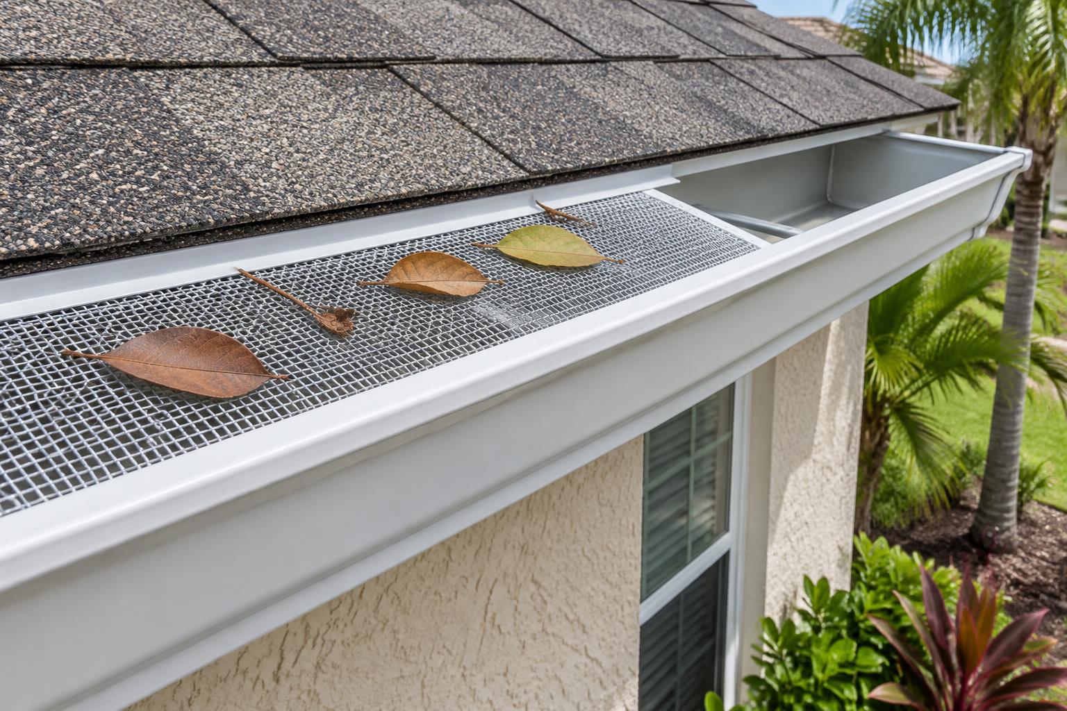Gutter Guards illustration Mesh guard covering part of an aluminum gutter with leaves resting on top
