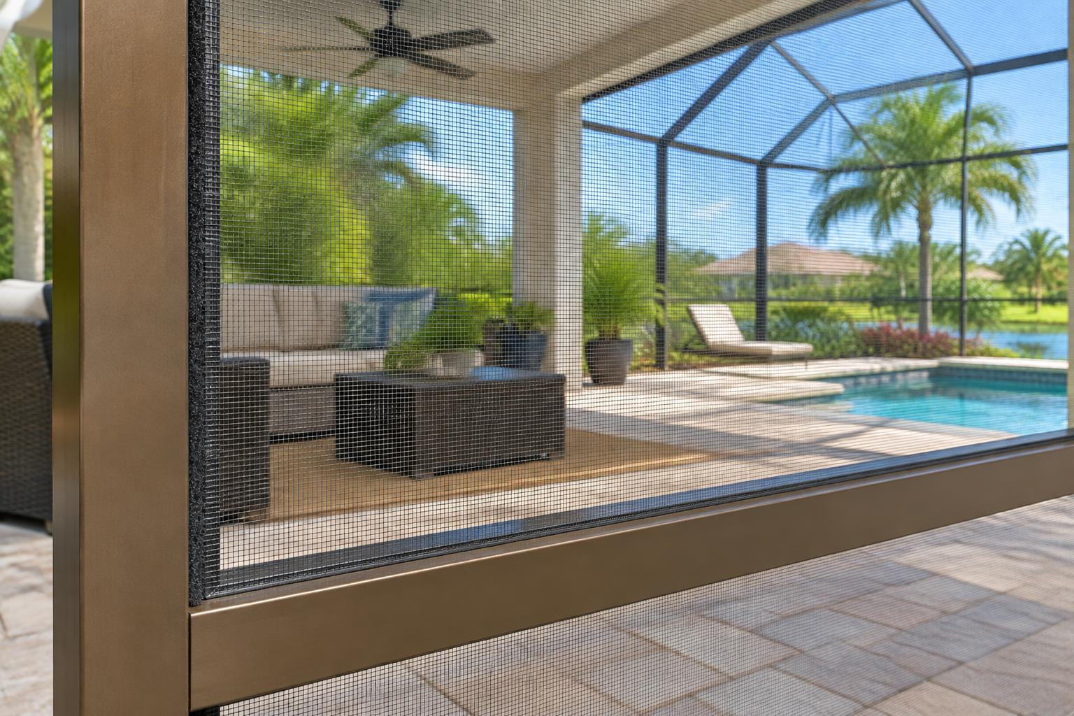 Screen Tension illustration Charcoal insect mesh held across bronze aluminum framing beside a screened pool