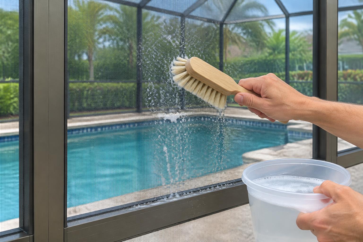 Gentle brushing of charcoal insect screening in an aluminum pool enclosure