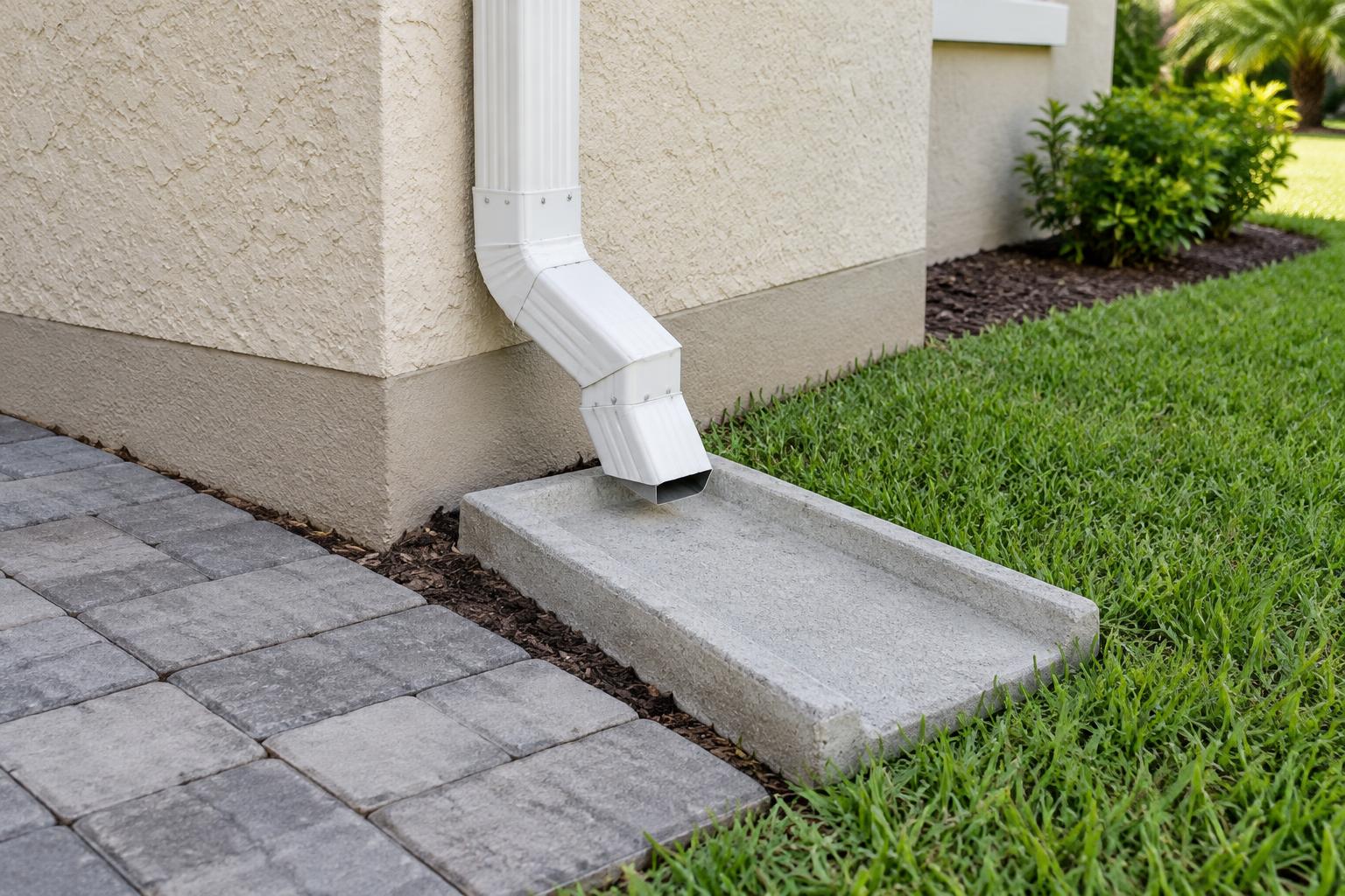 Splash Block illustration Downspout elbow directing roof water onto a splash block beside a lawn