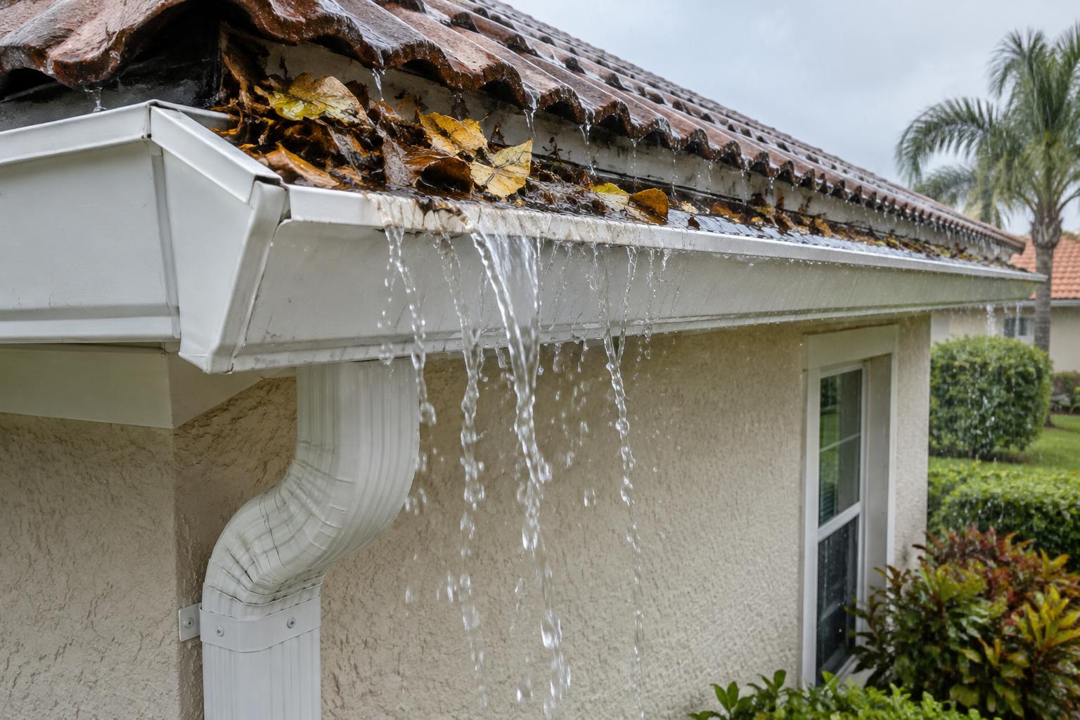 Gutter Overflow illustration Rainwater spilling over a leaf-filled gutter along a tiled roof edge
