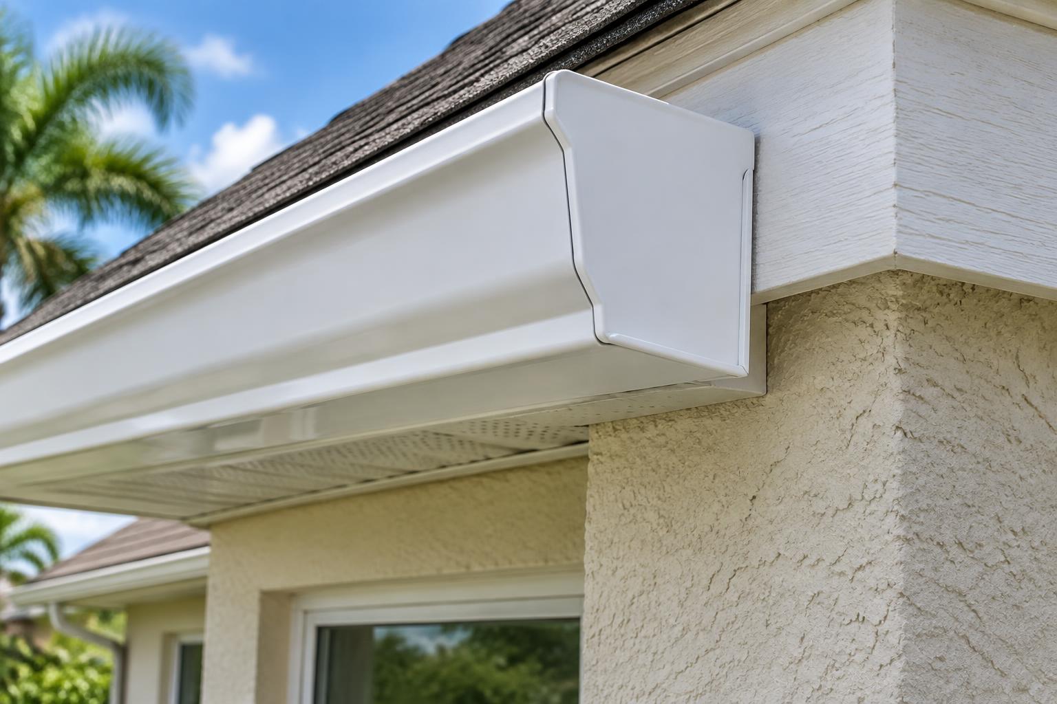 Gutter End Cap illustration Fitted end cap closing the end of a white aluminum gutter