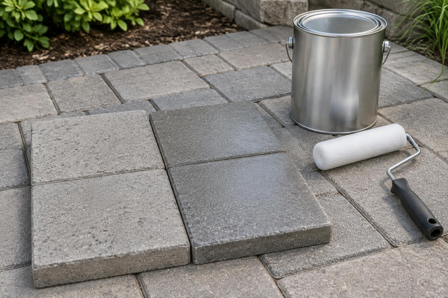 Paver Sealer illustration Gray paving samples beside an unmarked sealer container and roller