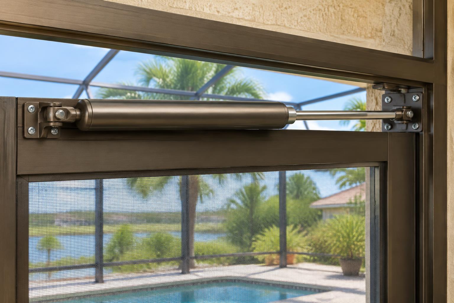 Screen Door Closer illustration Tubular screen door closer with rod and mounting brackets on bronze framing