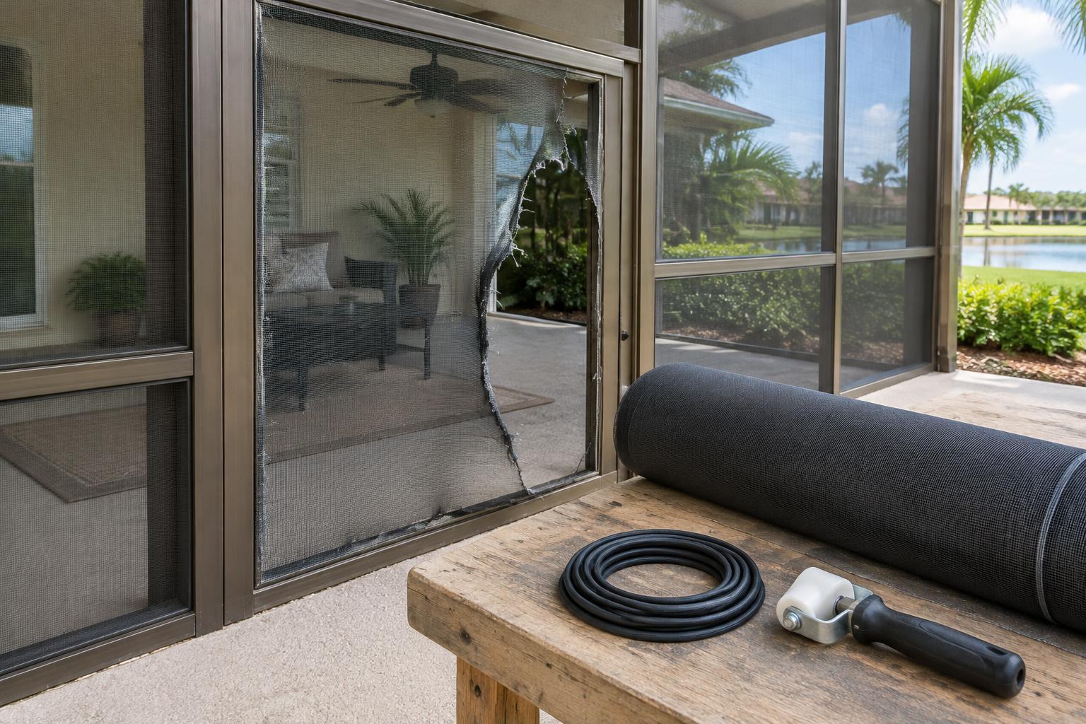Screen Panel Replacement illustration Torn lanai wall screen beside a roll of replacement mesh, spline and roller