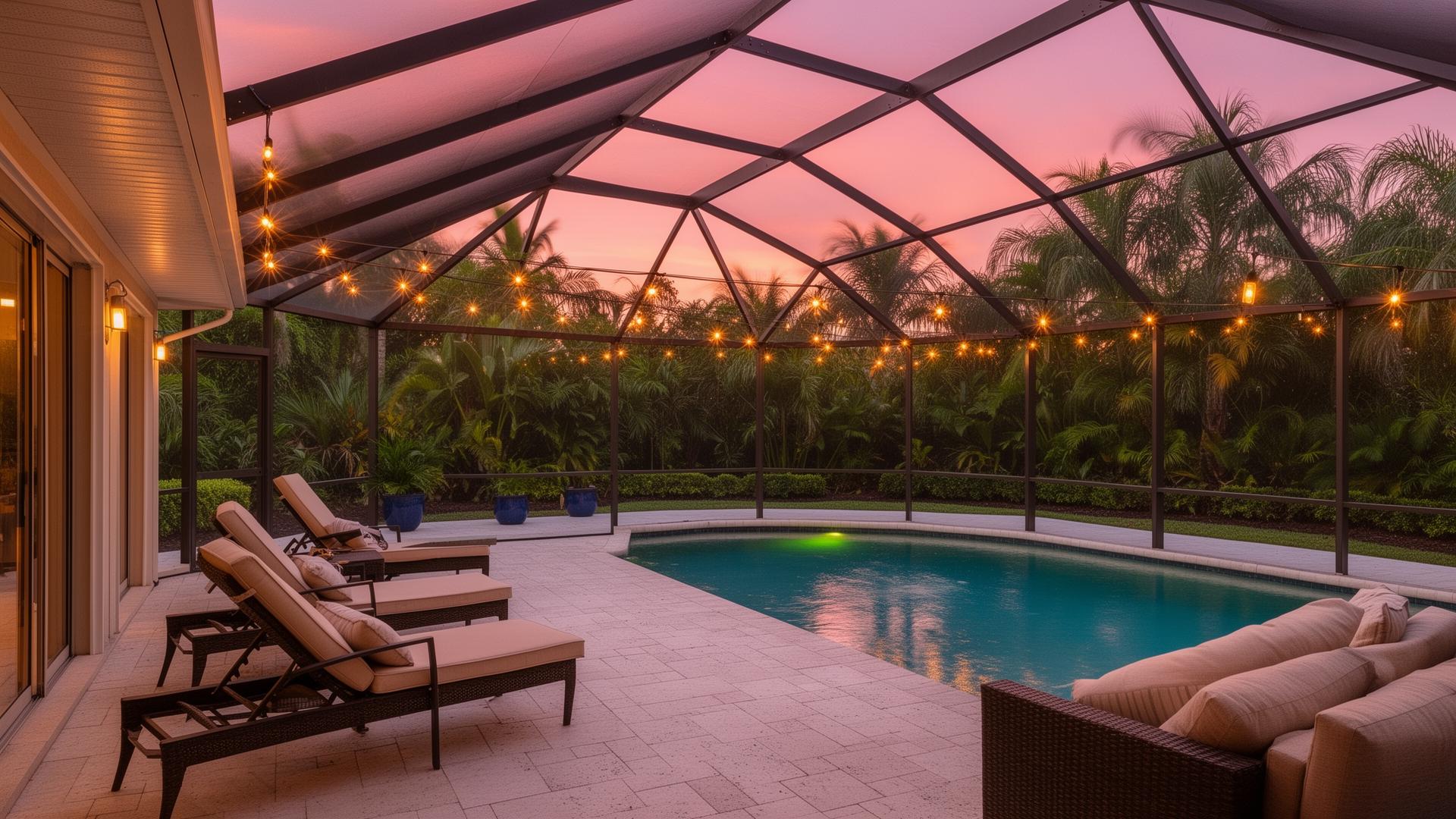 Screened pool enclosure at dusk with lounge chairs, string lights and a turquoise pool