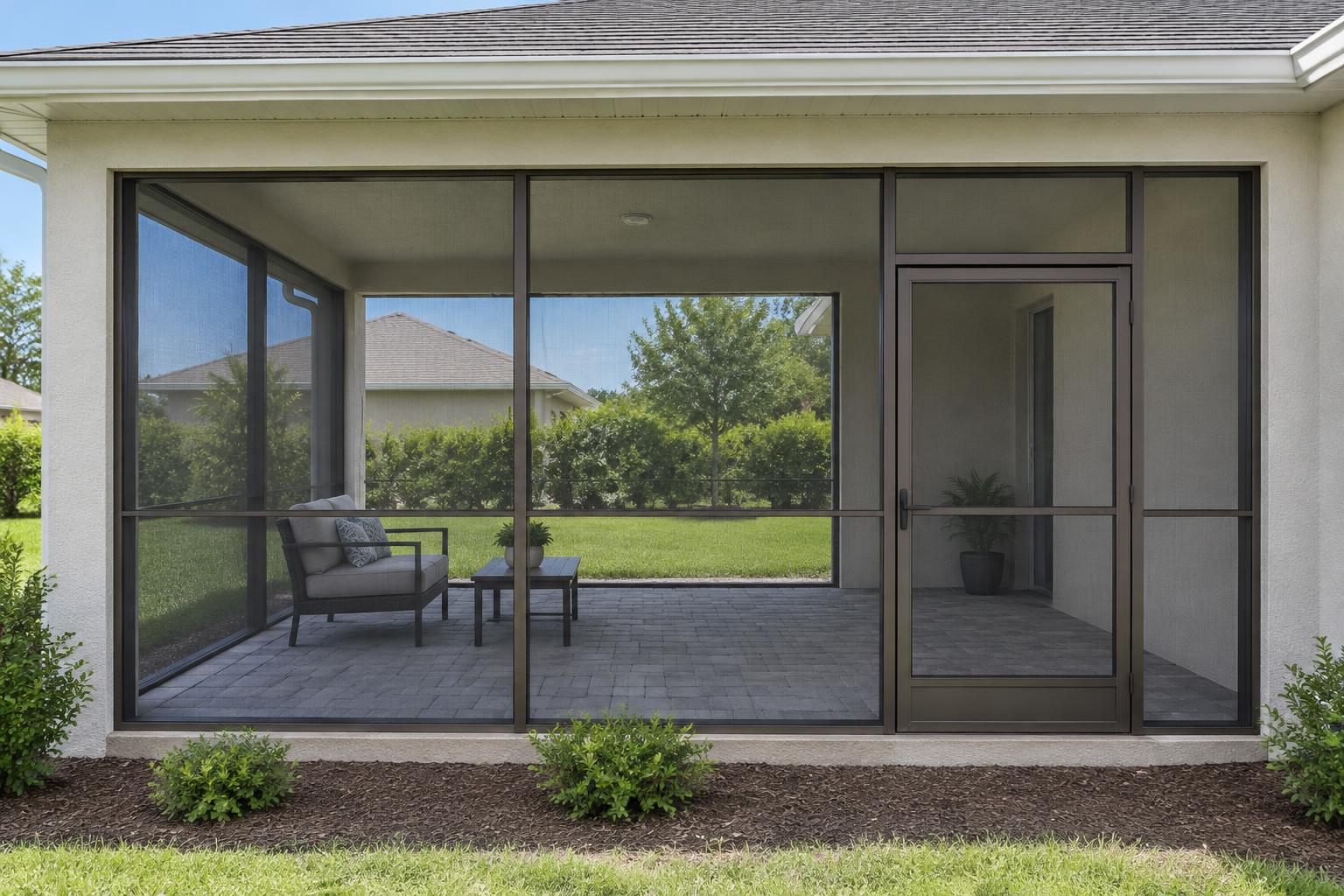 Screen Edge Pullout illustration Screened wall bays and a swing door beneath an existing covered lanai roof