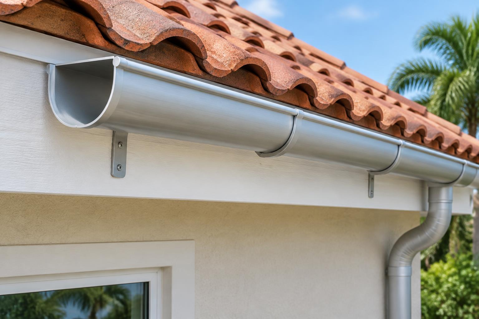 Half-Round Gutter illustration Rounded aluminum gutter cross-section and supporting brackets along a fascia